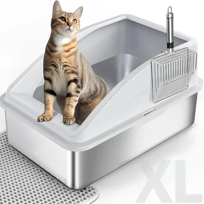 FURTIME Kattebak van roestvrij staal XXL 30 L Groot capaciteit Lekdicht en anti-spuit Semi-afgesloten kattenbak met kat