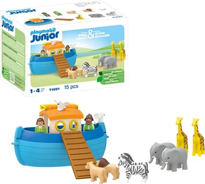 Playmobil 71681 Junior : Ark de Noé Transportable - Avec rampe et 5 paires d'animaux - Jouet en matériau végétal