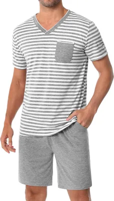 Leversic Homme Pyjama Été 2 Pièces en Coton avec T-shirt Manches Courtes Rayé et Shorts Poches - Meilleur Prix