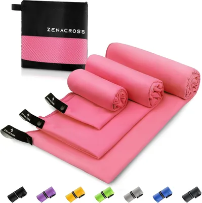 Zenacross Mikrofiberhandduken (Set av 3) med Transportsak - Kompakt Idrotshandduk, Snabbt Tørrande och Absorbent S, M, L - Rosa | P