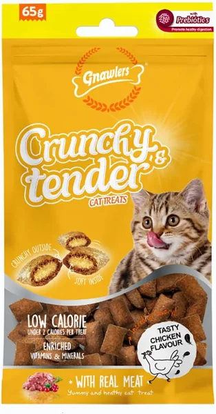 Gnawlers Crunchy & Tender Cat Treats, Chicken Flavour (65g) - Low Calorie, Prebiotics - Best Deal