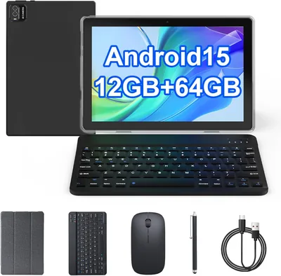 Tablet Android 15, 10 inch Tablet 12GB RAM+64GB ROM Max 1TB, 1.8Ghz Quad-core Processor, 5G WiFi6, 6