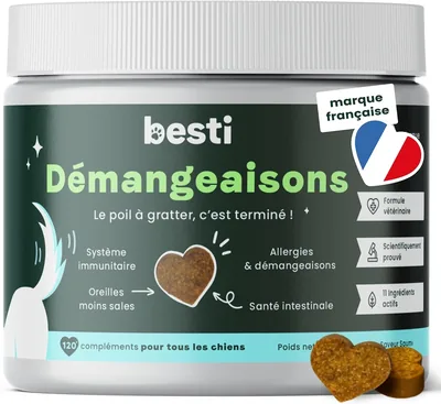 Meilleure offre - BESTI Itching Dog - 120 Compléments Anti-Grattage, Mastication | Calme les Irritations, Réduit la Rougisse, Poil Brillant - Prix Français Premium