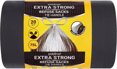Polylina Bin Bags 75L Tie Handle Black - 20 Pack