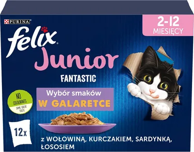 FELIX FANTASTIC Junior | Karma mokra dla kociąt | Wołowina, Kurczak, Sardynka, Łosoś | 12x85g - Najlepsza Cena