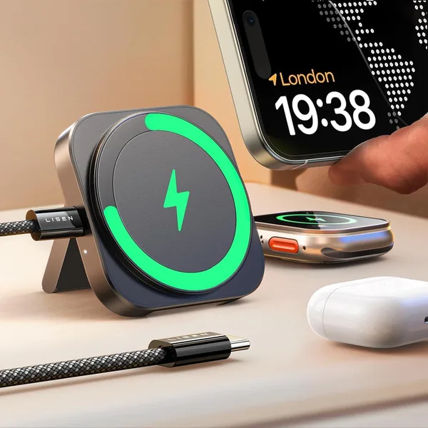 LISEN Stacja ładująca do Apple Watch i iPhone [Super Przenośna] MagSafe Stacja Ładowania, 2026 Podróżna Bezprzewodowa Ładowarka