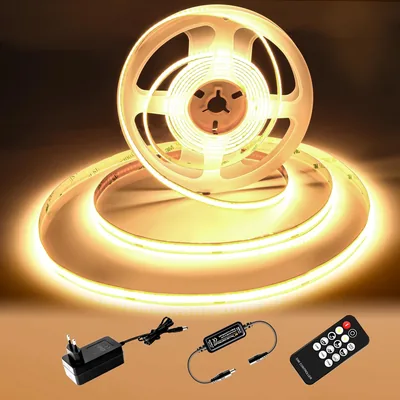 Luktix COB LED Strip 5M, 3000K Luz Blanca Cálida, 24V Dimensible LED, CRI92, 8mm Ancho, con Control Remoto