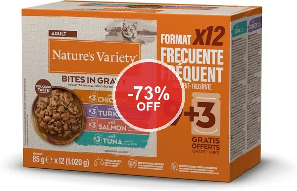 Nature's Variety Snacks en Salsa para Gatos Multiflujo Caja de 12 x 85 g - 73% de Descuento