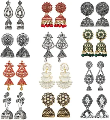 फैशन फ्रिल ईयरिंग्स महिलाओं के लिए फूलों वाला पारंपरिक ड्रॉप झुंका 12 जोड़ी ईयरिंग्स, सर्वश्रेष्ठ सौदा