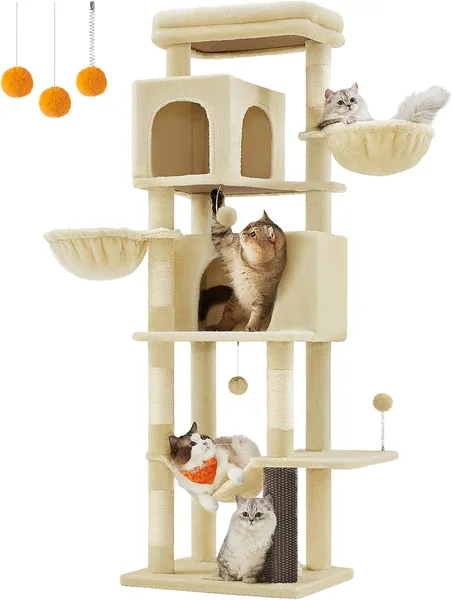 Post de grattage Feandrea PCT182Y01 pour chats, 175 cm haut, 2 paniers, 5 postes de grattage, auto-toilettage, perchoir, hamac, sable beige - 38% de réduction