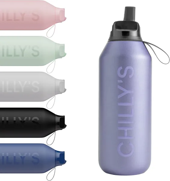 Chilly's Series 2 Flip Water Bottle with Sports Lid - Vacuum Insulated Stainless Steel Water Bottle with Straw, Carry Loop, & Cleaning Brush - No Sweat