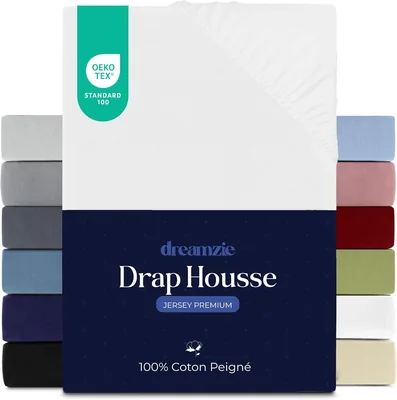 Feuille de lit Dreamzie ajustée, 180 x 200 cm, coton jersey 100 % premium, hauteur de matelas jusqu'à 27 cm, hypoallergénique, blanc Oeko-Tex