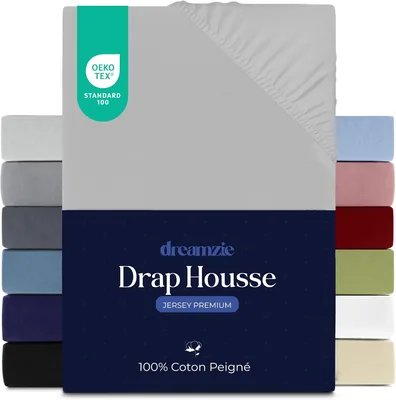 Feuille de lit Dreamzie ajustée 180 x 200 cm, coton 100 % Premium, hauteur de matelas jusqu'à 27 cm, hypoallergénique, gris Oeko-Tex, B