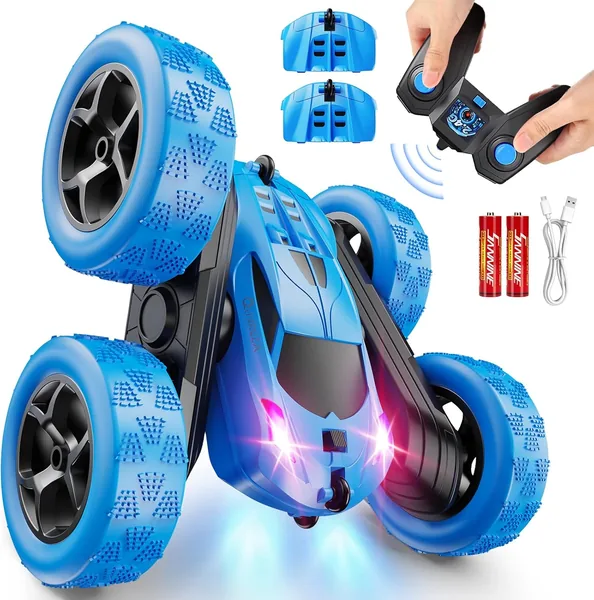 QUNREDA Remote Control Car for Kids Ages 6+, RC Cars Stunt Car Toy 4WD Double Sided 360 Rotating Remote Control with Headlights