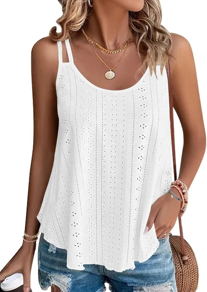 WNEEDU 2026 Womens Summer Tank Tops Eyelet Embroidery Sleeveless Spaghetti Strap Pleated Flowy Scoop Neck Hollow Cami