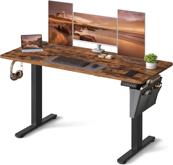 SONGMICS Elektrisk sittande/stående skrivbord höjdsjusterbart 140 x 60 cm (72-120 cm), 4 minneshöjder, lagringskase för kontor