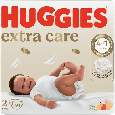 Huggies® Extra Care Disposable Nappies - Size 2 New Baby (Up to 7kg) - 94 Nappies Jumbo Pack, 39% Off