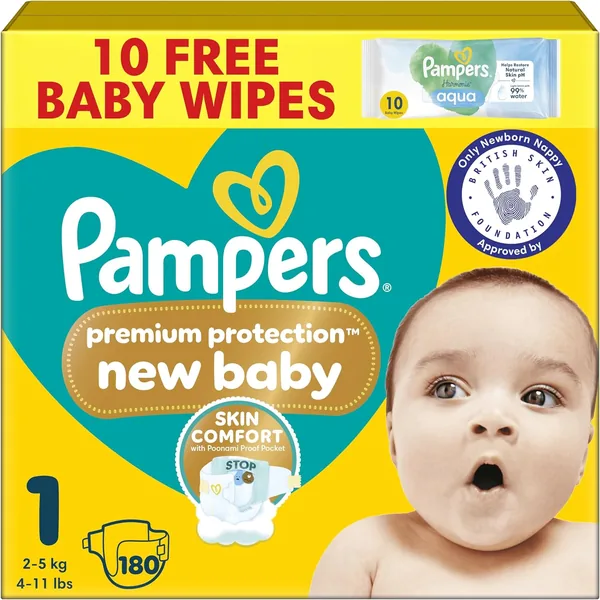Pampers Premium Protection New Baby Size 1, 180 Nappies, 2kg-5kg, Monthly Pack