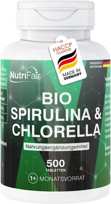Nutrifair Bio Spirulina & Chlorella, 500 tabletter, utan additiver, 100% natural, hög dos, 100% vegan, tillverkad i Tyskland - Best Price