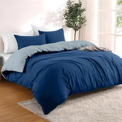 Duvet cover Dreamzie 220 x 240 cm avec 2 taies 65 x 65 cm | Ensemble de couette 160 x 200 cm, réversible, bleu foncé/bleu