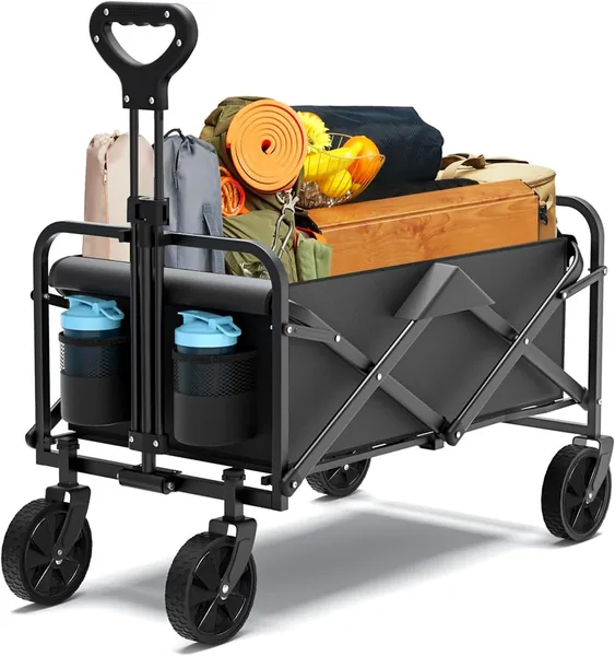 Yoawllty Trolley Cart,Collapsible Folding Wagon with All Terrain Wheels and Drink Holders,Portable Sports Wagon for Camping, Shopping, Garden and Beach, Grass, Sand,Fishing (Black)