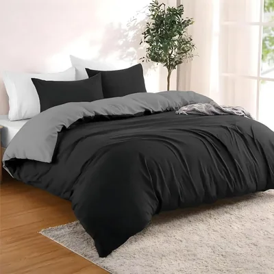 Duvet couverture Dreamzie 240 x 220 cm avec 2 taies 80 x 80 cm - Noir/Gris foncé - Ensemble de literie 240 x 220 cm en coton 100%