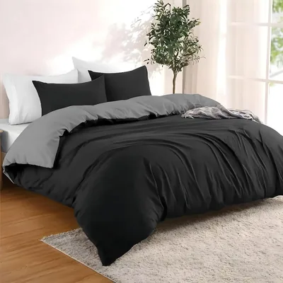 Duvet couvre Dreamzie 200 x 200 cm avec 2 taies d'oreiller 65 x 65 cm - Noir/Gris foncé - Ensemble literie 200 x 200 cm en coton 100%