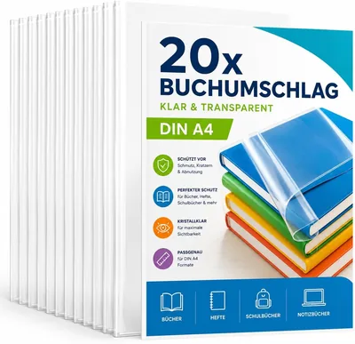 20x Klares & Durchsichtiges Buchcover & Notizbuchschoner - DIN A4 - Ideal zum Schützen von Büchern, Notizbüchern, Schulbüchern