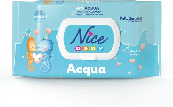 Nice Baby Water Nappy Changing Wipes, with 98% Water and Aloe Extract, Dermatologically Tested, Pack of 72 Wipes