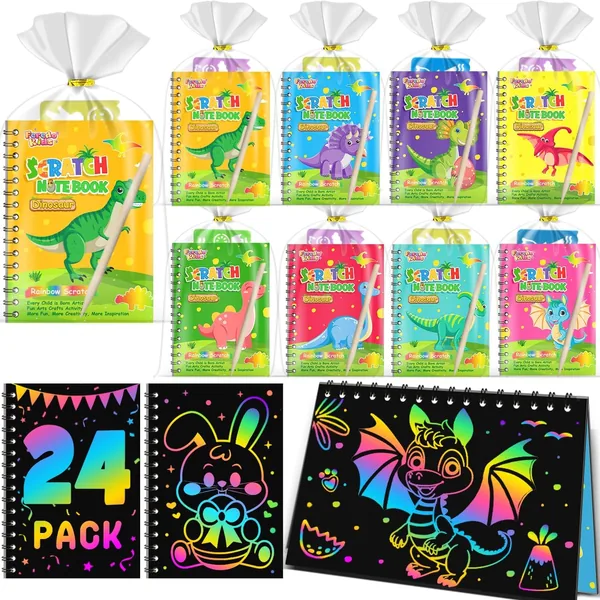 FEREDO KIDS Party Favors for Kids: 24 Pack Dinosaur Rainbow Scratch Art Notebook Students Classroom Gifts Bulk for Girls Boys Goodie Bags Stuffers