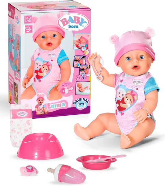 BABY born Emma - 43 cm grote pop - 10 functies met accessoires & rompertje - Werkt volledig zonder batterijen - S