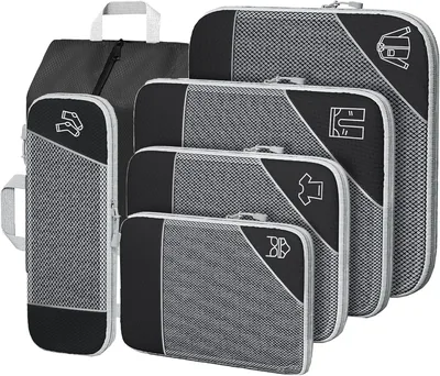 6-delige compressie packkubussen zwart, uitrekbare ultra-lichte reisopbergers voor koffers