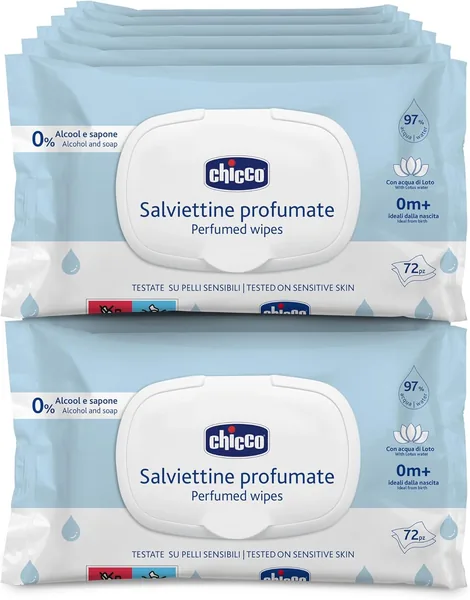 Chicco Multi-purpose Baby Wipes with Alcohol Free Plaque Scented for Sensitive Skin, Multipack of 864 Wipes, 12 Packs of 72 Cloths
