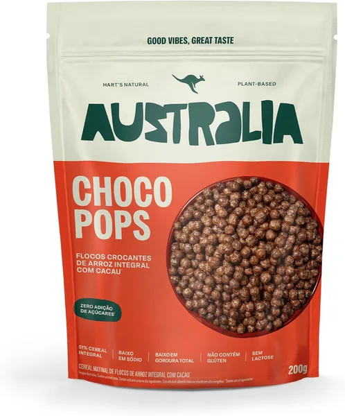 Hart's Natural ChocoPops Australia Chocolate - Cereal Matinal Sem Açúcar, Sem Glúten e Sem Lactose | Vegano e 100% Natural | Alto em Fibras - 200g