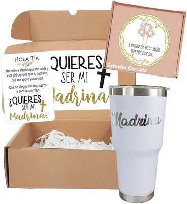CAJA RECUERDO QUIERES SER MI MADRINA ESTUCHE CON TERMO - Mejor Oferta