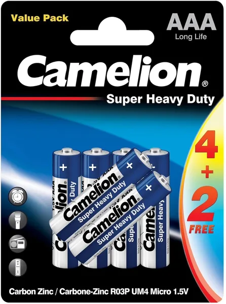 Camelion AAA Super Heavy Duty Carbon Zinc Batteries - 4+2 Free Pack