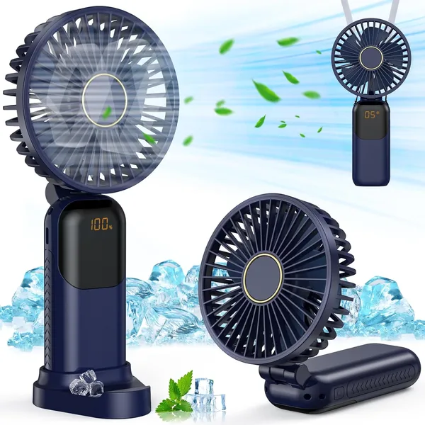 Taschenventilator Handheld, Leiser Mini-Ventilator mit USB-Ladefunktion, 5 Geschwindigkeitsstufen und digitalem Display, Faltenkonstruktion
