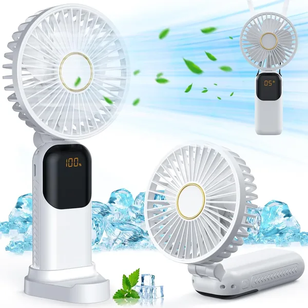 Handhaltbarer Ventilator, leiser Mini-Ventilator, wiederaufladbarer USB-Ventilator, kleiner Taschenventilator mit 5 Geschwindigkeitsstufen und Digitalanzeige, faltbar