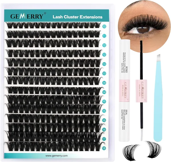 Paires de faux cils GEMERRY 80D, extension individuelle naturelle à recourbement D, 10-18 mm, 280 pièces avec colle et scelleurs - Appliquant clip DIY - Best Deal