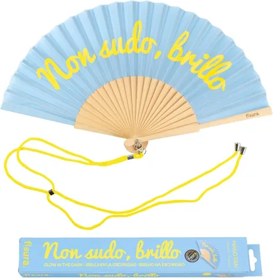 Fisura - Ventilatore in Legno Originale con Messaggio 'Non Sabato, Brillante', Blu e Giallo, con Supporto Lanyard