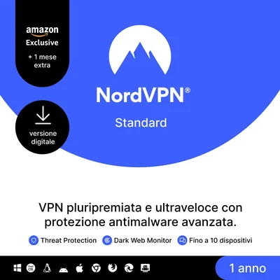 NordVPN Standard, Esclusiva Amazon, 10 Dispositivi, 1-Anno + 1 Mese Extra - Codice Digitale