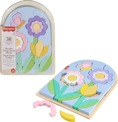 Fisher-Price Drewniane puzzle - kwiaty Układanka z klockami, 37 elementów drewnianych z certyfikatem FSC, dla dzieci od 3 lat | Najlepsza cena