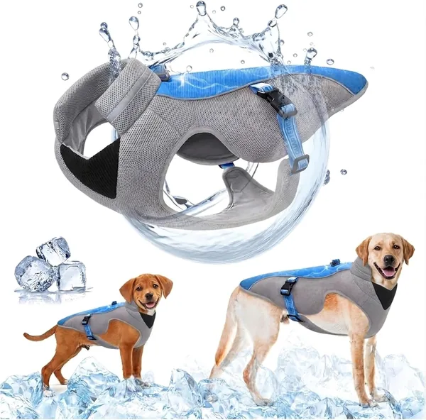 Veste de refroidissement pour chien améliorée avec protection solaire et bandes réfléchissantes, sangles ajustables pour la course, le sport et les voyages, respirante - Couleur: Bleu