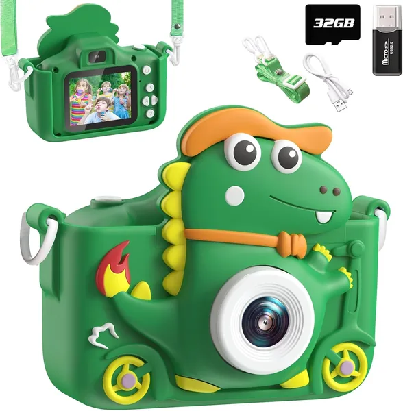 Kids Dinosaur Camera 1080P HD Selfie Camera for Kids 32G Green