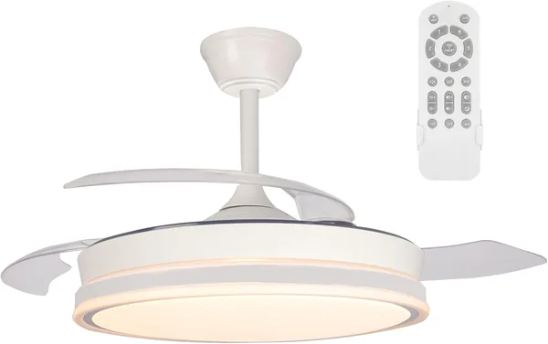 Surpino White Retractable Ceiling Fan with Folding Blades, Ceiling Fan with LED Light 45W with Power Memory and Remote Control CCT Dimmable