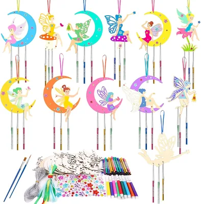 Ainiv 12 Pack Fairy Craft Kit for Kids, DIY Wooden Fairy Windchimes Crafts Kit for Children, DIY Art