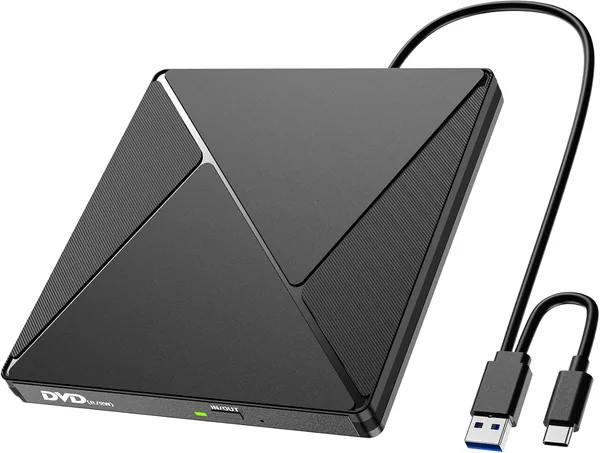 Drive de lecture et écriture CD/DVD USB 3.0 et USB-C portable -/+RW compact sans câble, compatible Windows/MacOS/Win10/Win11