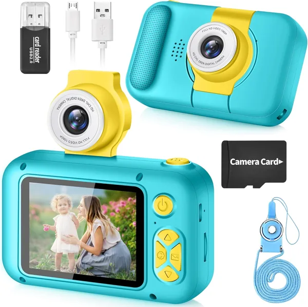 ARNSSIEN Camera för barn med stor 2,4" skärm och 180° rotaterande lens, Barnkamera 3-12 år, 32GB minnekort inkluderat, Perfekt
