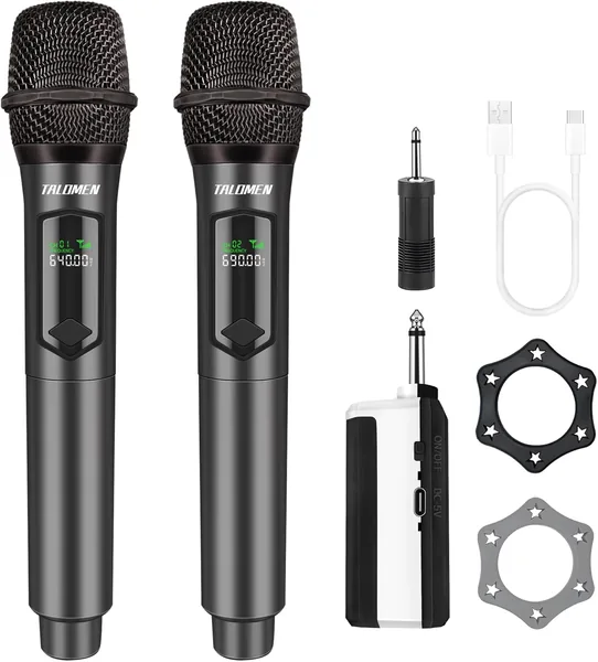 Microphones sans fil Talomen Professionnels, Système de karaoké rechargeable avec récepteur, Portée 160ft, FO