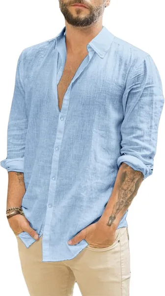 Runcati Homme Chemise à Manches Longues Col Turned-Down en Linen - Meilleur Prix